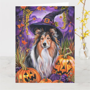 Spooky Shetland Sheepdog Halloween Witch Pumpkin Card