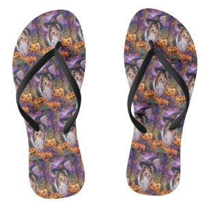 Spooky Shetland Sheepdog Halloween Witch Pumpkin Flip Flops