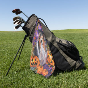 Spooky Shetland Sheepdog Halloween Witch Pumpkin Golf Towel