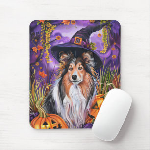 Spooky Shetland Sheepdog Halloween Witch Pumpkin Mouse Pad