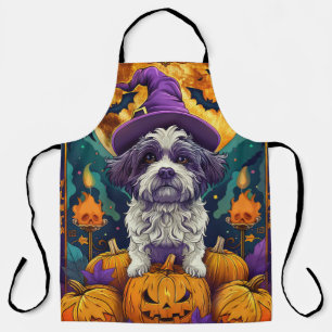 Spooky Shih Tzu Dog Halloween Witch And Pumpkin  Apron