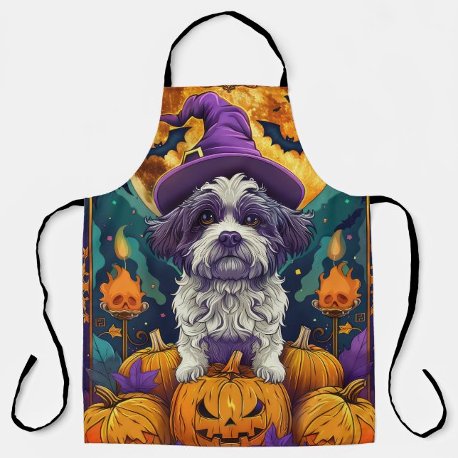 Spooky Shih Tzu Dog Halloween Witch And Pumpkin  Apron (Front)