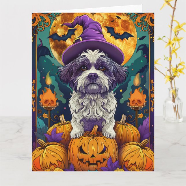Spooky Shih Tzu Dog Halloween Witch And Pumpkin  Card (Yellow Flower)