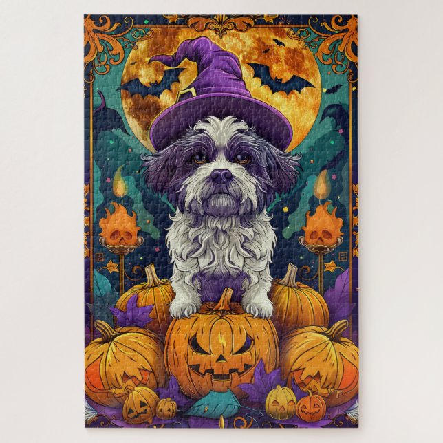 Spooky Shih Tzu Dog Halloween Witch And Pumpkin  Jigsaw Puzzle (Vertical)