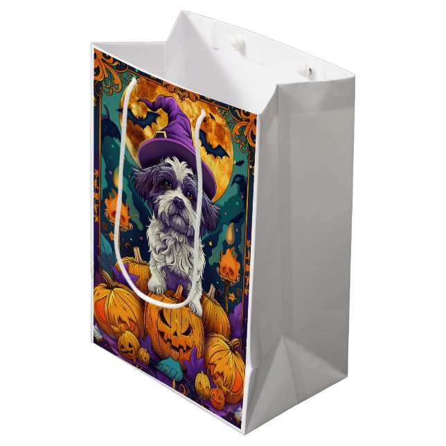 Spooky Shih Tzu Dog Halloween Witch And Pumpkin  Medium Gift Bag (Front Angled)
