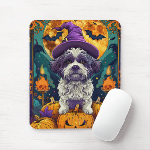 Spooky Shih Tzu Dog Halloween Witch And Pumpkin  Mouse Pad