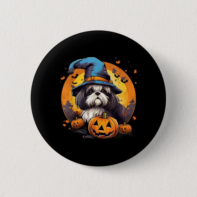 Spooky Shih Tzu Dog Witch Halloween 2 Inch Round Button (Front)