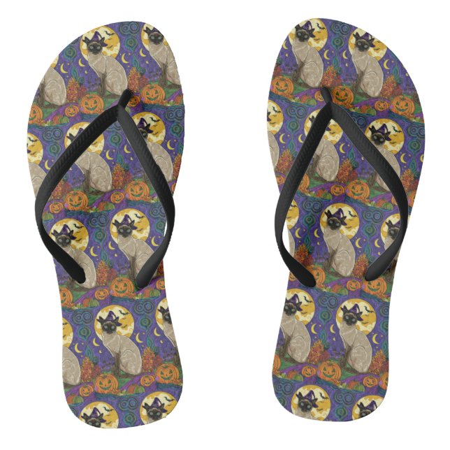 Spooky Siamese Cat Halloween Witch And Pumpkin Flip Flops (Footbed)