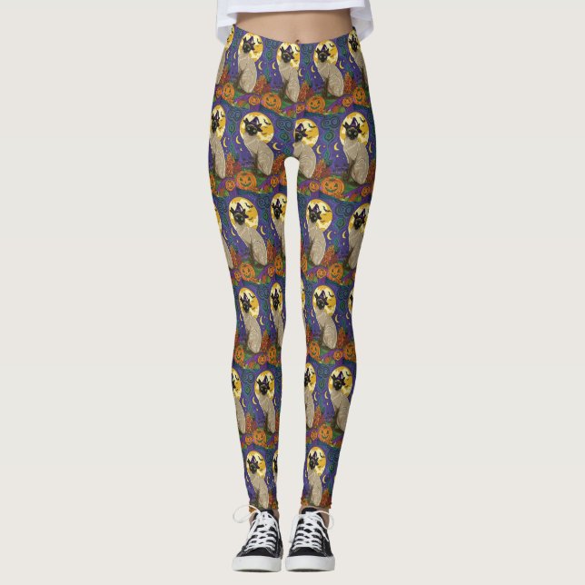 Spooky Siamese Cat Halloween Witch And Pumpkin Leggings (Front)