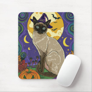 Spooky Siamese Cat Halloween Witch And Pumpkin Mouse Pad