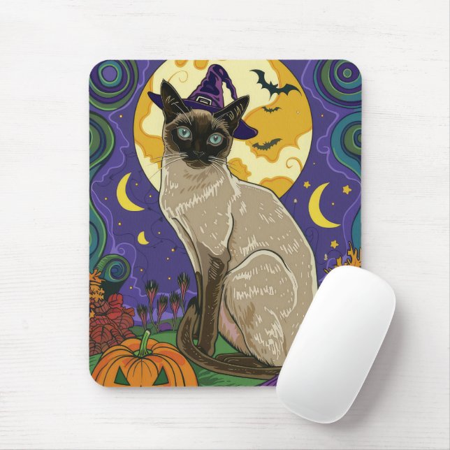 Spooky Siamese Cat Halloween Witch And Pumpkin Mouse Pad (With Mouse)