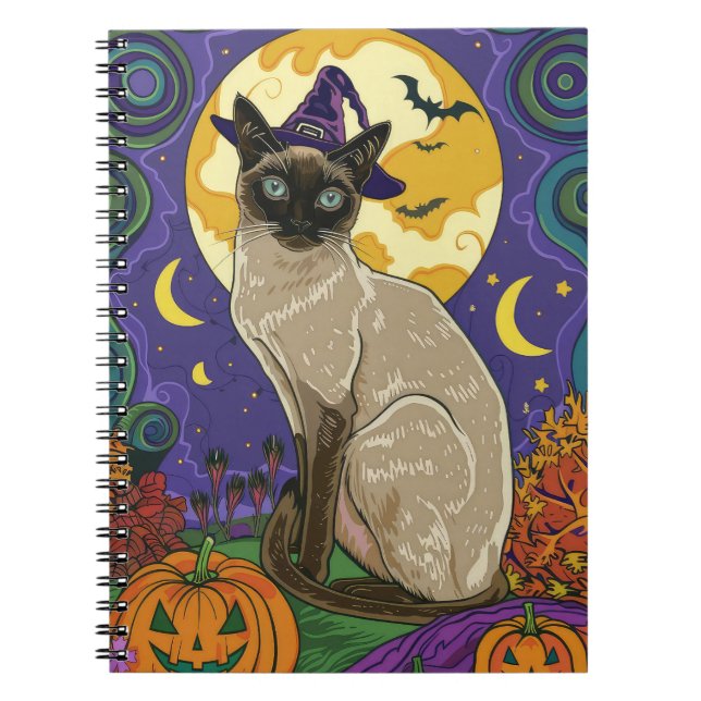 Spooky Siamese Cat Halloween Witch And Pumpkin Notebook (Front)
