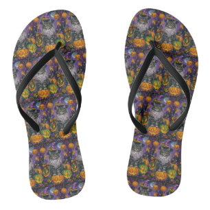 Spooky Siberian Cat Halloween Witch And Pumpkin Flip Flops