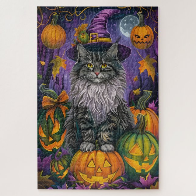 Spooky Siberian Cat Halloween Witch And Pumpkin Jigsaw Puzzle (Vertical)