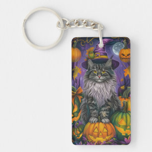 Spooky Siberian Cat Halloween Witch And Pumpkin Keychain