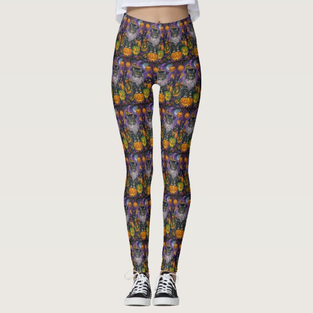 Spooky Siberian Cat Halloween Witch And Pumpkin Leggings (Front)