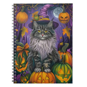 Spooky Siberian Cat Halloween Witch And Pumpkin Notebook