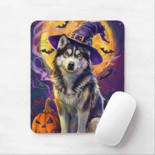 Spooky Siberian Husky Dog Halloween Witch Pumpkin  Mouse Pad