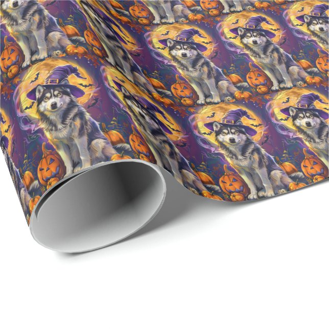 Spooky Siberian Husky Dog Halloween Witch Pumpkin  Wrapping Paper (Roll Corner)