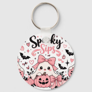 Spooky Sips Pink Coquette Halloween Ghosts Bows Keychain