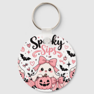 Spooky Sips Pink Coquette Halloween Ghosts Bows Keychain