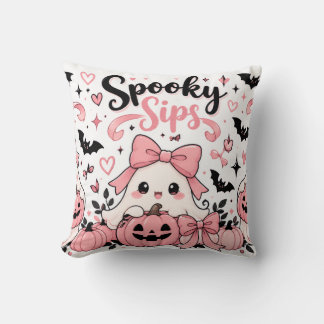 Spooky Sips Pink Coquette Halloween Ghosts Bows Throw Pillow
