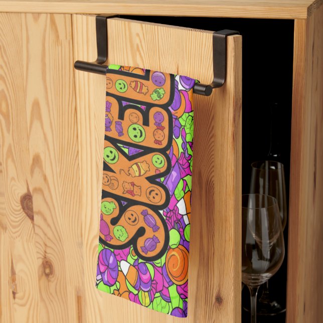 Spooky Skeleton Candy Party Pattern Halloween Kitchen Towel (Thirds Fold)