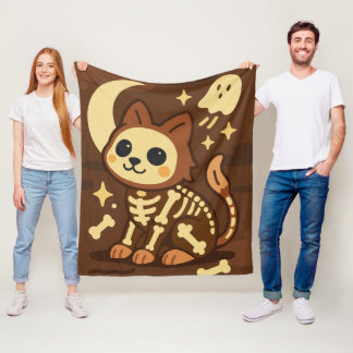 Spooky Skeleton Cat and Ghost Fleece Blanket