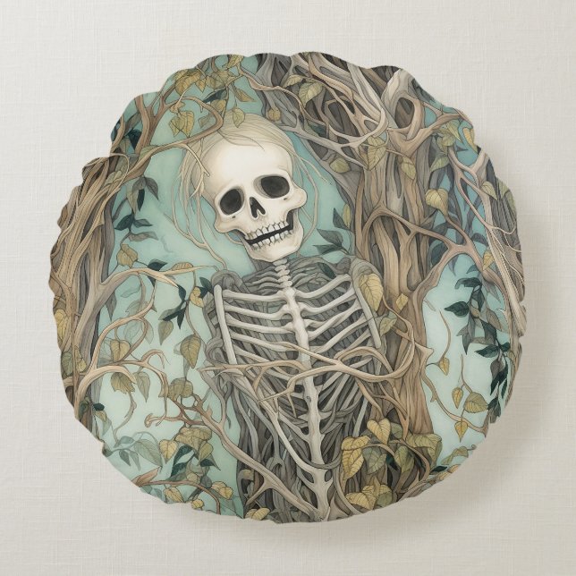 Spooky Skeleton Halloween Round Throw Pillow (Front)