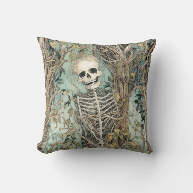 Spooky Skeleton Halloween Throw Pillow (Front)