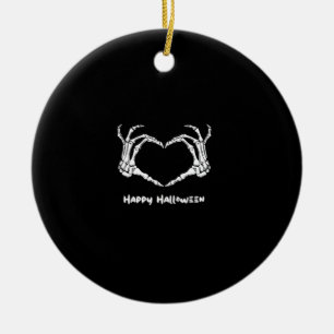 Spooky Skeleton Hand Heart With "Happy Halloween"  Ceramic Ornament
