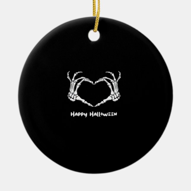 Spooky Skeleton Hand Heart With "Happy Halloween"  Ceramic Ornament (Front)