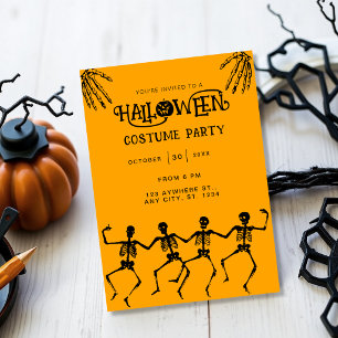 Spooky Skeleton Orange & black Halloween Party Invitation