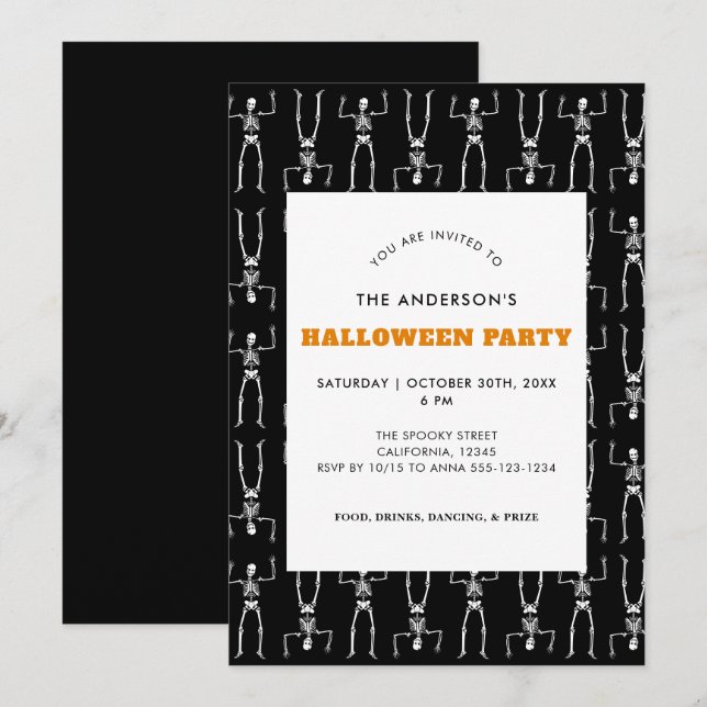 Spooky Skeleton Pattern Black Halloween Party Invitation (Front/Back)