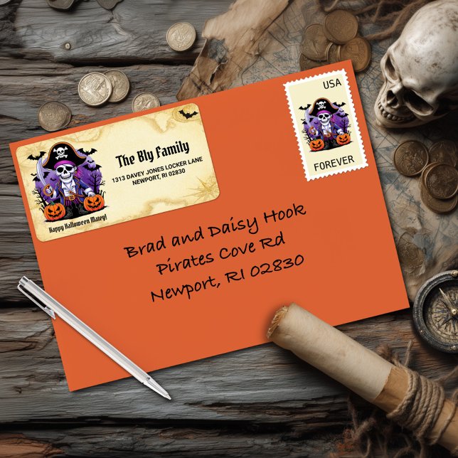 Spooky Skeleton Pirate Happy Halloween Matey Label (Creator Uploaded)