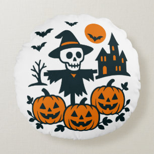 Spooky skeleton scarecrow and haunted house night round pillow