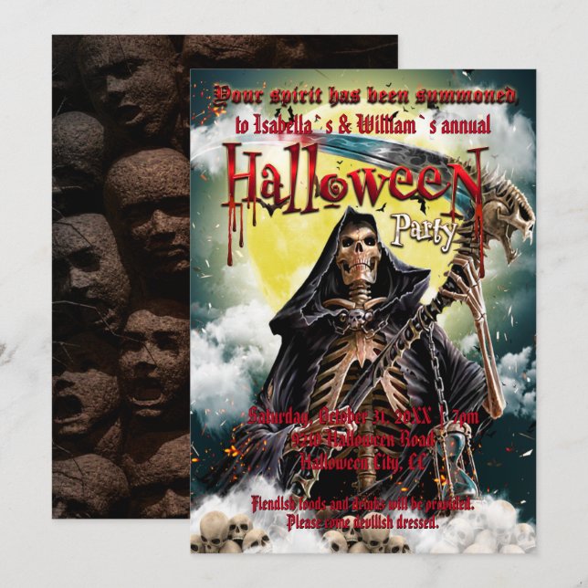 Spooky Skeleton & Scary Skull Halloween Invitation (Front/Back)