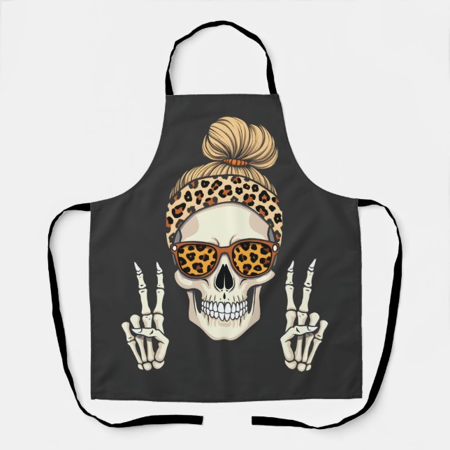 Spooky Skeleton Skull Leopard Halloween Mom  Apron (Front)