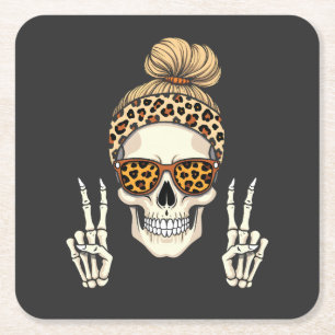 Spooky Skeleton Skull Leopard Halloween Mom Square Paper Coaster