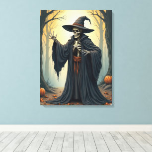Spooky Skeleton Witch in Haunted Forest Halloween Canvas Print