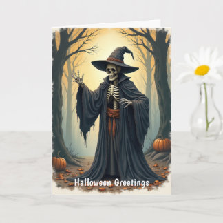 Spooky Skeleton Witch in Haunted Forest Halloween Card