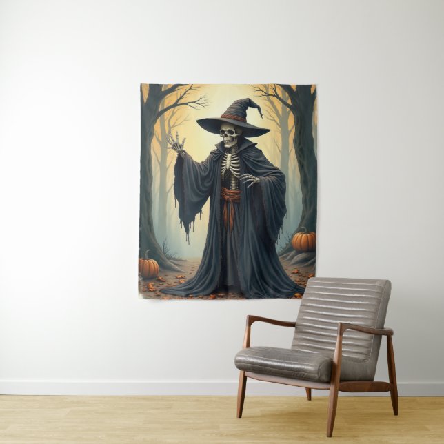 Spooky Skeleton Witch in Haunted Forest Halloween  Tapestry (In Situ)
