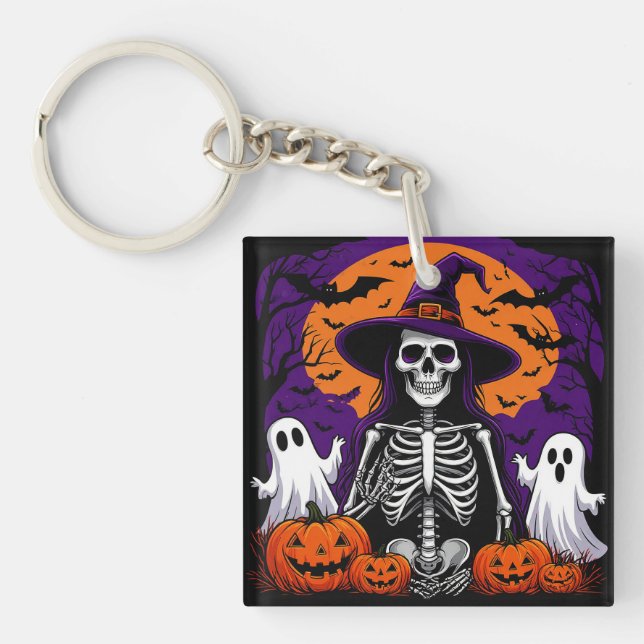 Spooky Skeleton Witch Pumpkins Moon Halloween 🌙 Keychain (Front)