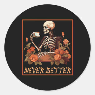 Spooky Skeleton With Coffee And Flowers Halloween Classic Round Sticker