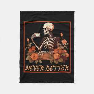 Spooky Skeleton With Coffee And Flowers Halloween Fleece Blanket