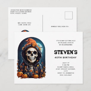 Spooky Skeleton with Evil Pumpkins Birthday Invitation Postcard
