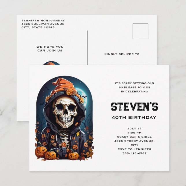 Spooky Skeleton with Evil Pumpkins Birthday Invitation Postcard (Front/Back)