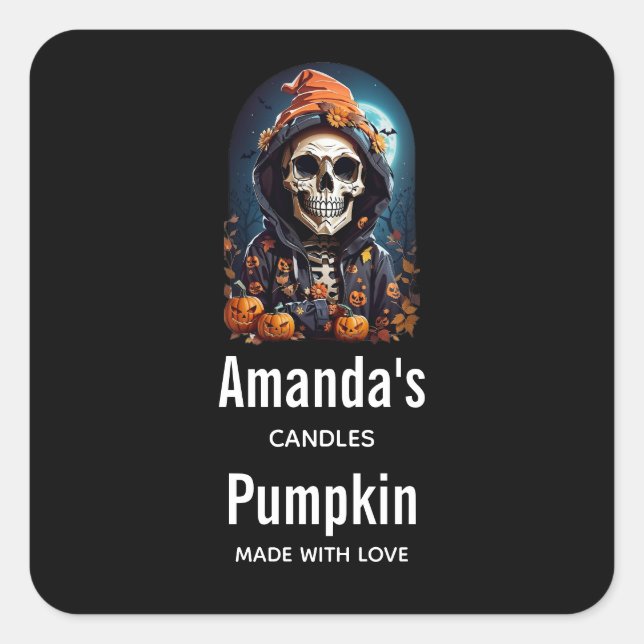 Spooky Skeleton with Evil Pumpkins Candle Cratfing Square Sticker (Front)