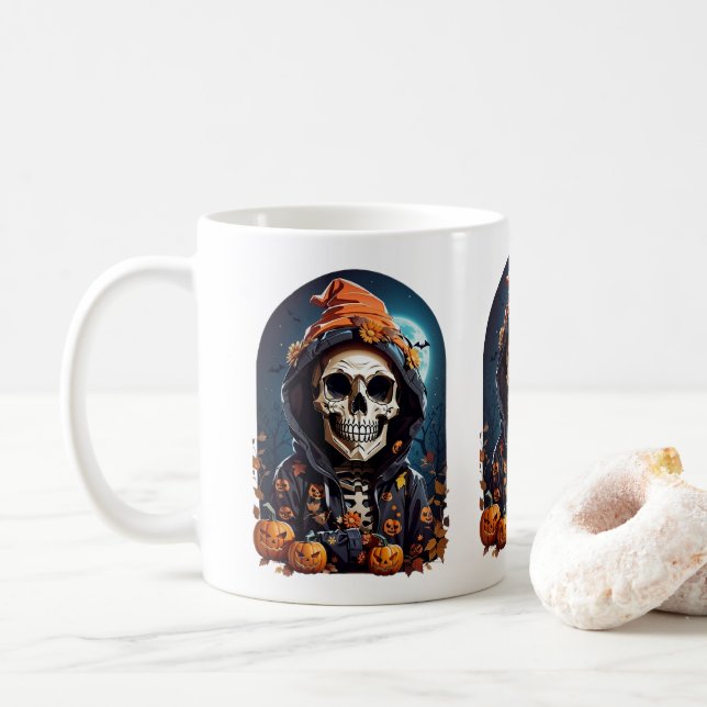 Spooky Skeleton with Evil Pumpkins Coffee Mug (With Donut)