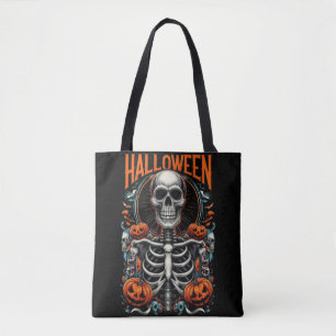 Spooky Skeleton with Pumpkins Macabre Halloween Tote Bag